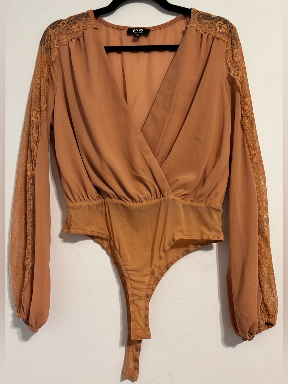privy rust-brown lace-sleeve surplice bodysuit